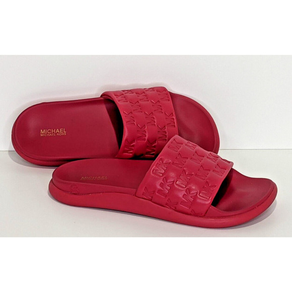 MICHAEL KORS FINNIE EMBOSSED SLIDES W/MK LOGO-HOT PINK Size 8M - Picture 1 of 4